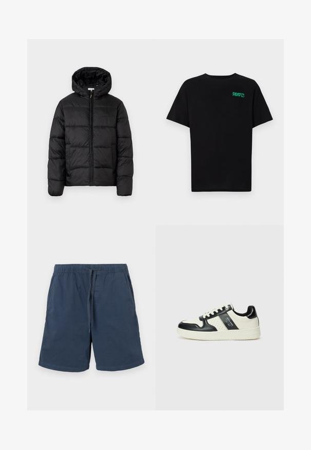 Veste matelassée noire avec capuche, présentant des panneaux matelassés horizontaux, un devant zippé et une texture lisse et brillante.; T-shirt noir en coton à manches courtes. Présente un logo "ROOTS" vert sur le devant, un col rond et une coupe standard.; Shorts bleu marine en coton avec une taille élastique et un cordon de serrage. Comprend des poches latérales et une coupe droite.; Baskets en cuir avec un schéma de couleurs noir et crème, dotées d'accents perforés, d'un col rembourré et d'une semelle texturée.