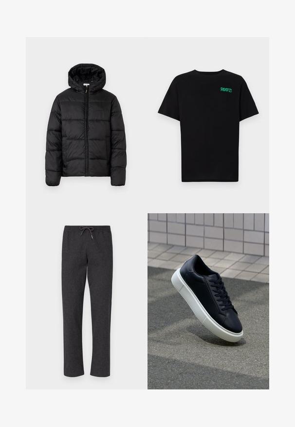 Schwarze Steppjacke mit Kapuze, ausgestattet mit horizontalen Stepppanelen, Reißverschluss vorne und einer glatten, glänzenden Textur.; Schwarzes T-Shirt aus Baumwolle mit kurzen Ärmeln. Auf der Vorderseite befindet sich ein grünes "ROOTS"-Logo, es hat einen runden Halsauschnitt und eine normale Passform.; Dunkelgraue, weiche Stoffhosen mit elastischem Bund und Kordelzug. Gerades Bein-Design, keine Taschen, glatte Textur und einfache Konstruktion.; Schwarze Leder-Sneaker mit runder Zehenpartie und weißer Gummisohle. Verfügt über flache Schnürsenkel und minimale Nähte im Obermaterial. Strukturiertes Sohlenprofil für besseren Halt.