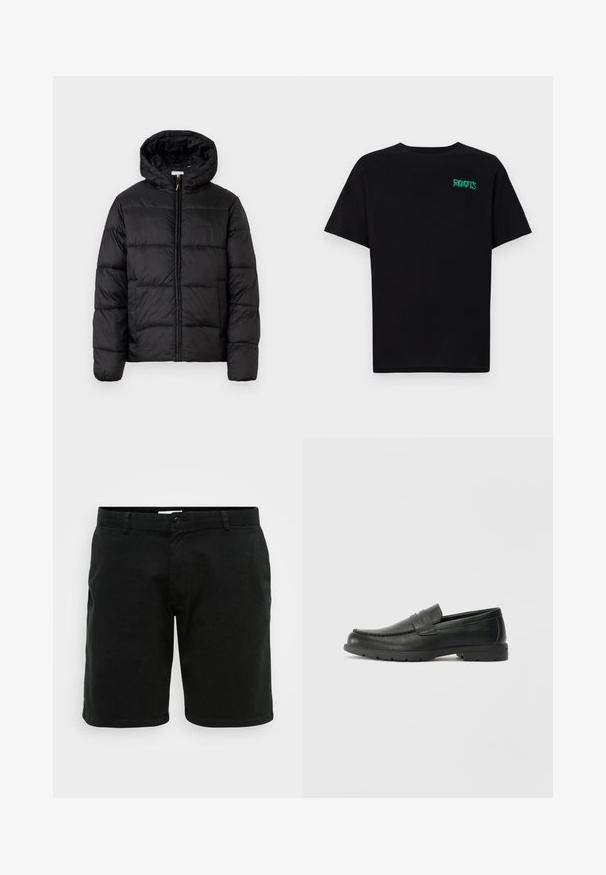 Crna puffer jakna s kapuljačom, koja ima horizontalne kvadratne panele, zatvaranje na zip sprijeda i glatku, sjajnu teksturu.; Crna majica kratkih rukava od pamuka. Na prednjem dijelu se nalazi zeleni "ROOTS" logo, okrugli izrez i standardni kroj.; Crne pamučne kratke hlače ravnog kroja. Imaju kopčanje na dugme i petlje za remen. Glatka tekstura i dužina malo iznad koljena.; Crne kožne mokasine s glatkom površinom, gornji dio u stilu mokasina, ojačani šavovi i gumeni potplat. Klasičan dizajn s niskom petom.
