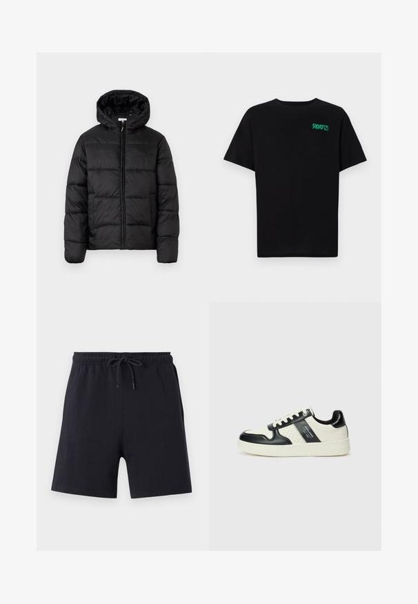 Veste matelassée noire avec capuche, présentant des panneaux matelassés horizontaux, un devant zippé et une texture lisse et brillante.; T-shirt noir en coton à manches courtes. Présente un logo "ROOTS" vert sur le devant, un col rond et une coupe standard.; Shorts en coton noirs avec une taille élastique et un cordon de serrage, présentant un design simple et une texture lisse.; Baskets en cuir avec un schéma de couleurs noir et crème, dotées d'accents perforés, d'un col rembourré et d'une semelle texturée.