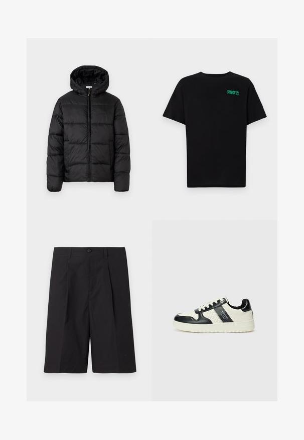 Svart puffjakke med hette, med horisontale quiltpaneler, glidelås foran og en glatt, shiny tekstur.; svart t-skjorte laget av bomull med korte ermer. Har et grønt "ROOTS"-logo på forsiden, rund halsutringning og standard passform.; Svarte skreddersydde shorts laget av lett stoff, med folder, knepping og rett kant. Jevn tekstur og ingen synlige mønstre.; Lædersneakers med sort og creme farveskema, der har perforerede detaljer, en polstret krave og en struktureret ydersål.