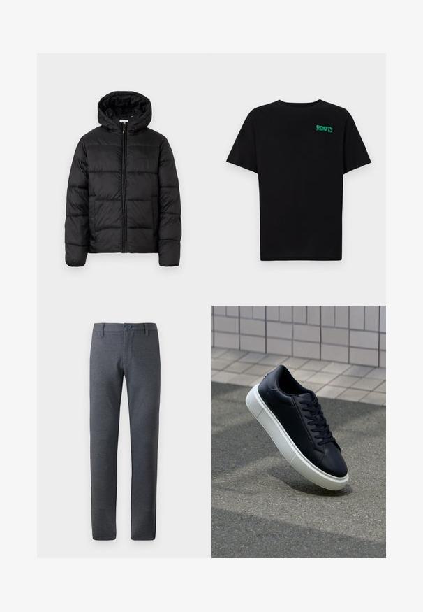 Črna pufasta bunda s kapuco, ki ima vodoravne prešite plošče, sprednje zapiranje na zadrgo in gladko, sijočo teksturo.; Črna majica iz bombaža z kratkimi rokavi. Na sprednji strani ima zeleno logotip "ROOTS", okroglo ovratnico in standardno prileganje.; Sive, teksturirane hlače s ravnim krojem, z obrobo za pas, sprednjimi žepi in enojnim gumbom za zapiranje.; Črne usnjene superge z zaobljenim prstom in belim gumijastim podplat. Imajo ravne vezalke in minimalno šivanje na zgornjem delu. Teksturirani podplat za oprijem.