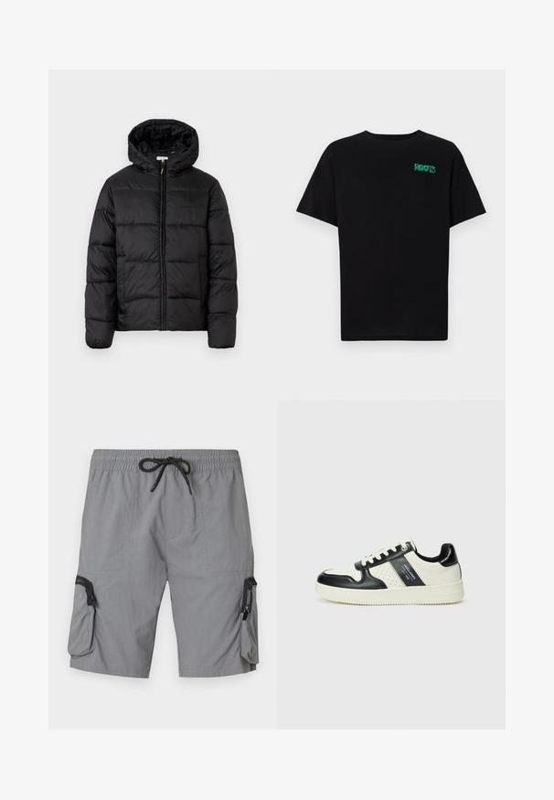 Črna pufasta bunda s kapuco, ki ima vodoravne prešite plošče, sprednje zapiranje na zadrgo in gladko, sijočo teksturo.; Črna majica iz bombaža z kratkimi rokavi. Na sprednji strani ima zeleno logotip "ROOTS", okroglo ovratnico in standardno prileganje.; Sive kratke hlače iz lahkega materiala, z elastičnim pasom in vrvico, stranskimi žepi ter dekorativnim žepom z zadrgo.; Usnjeni športni čevlji z črno in krem barvno shemo, ki vključujejo perforirane dodatke, podložen ovratnik in strukturirano podplat.
