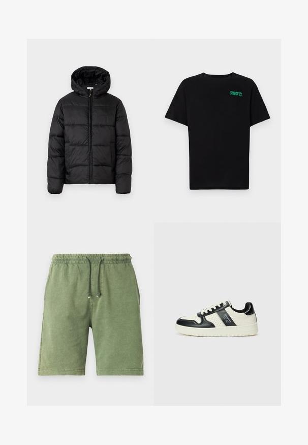 Crna puffer jakna s kapuljačom, koja ima horizontalne kvadratne panele, zatvaranje na zip sprijeda i glatku, sjajnu teksturu.; Crna majica kratkih rukava od pamuka. Na prednjem dijelu se nalazi zeleni "ROOTS" logo, okrugli izrez i standardni kroj.; Zelene pamučne kratke hlače s elastičnim pojasom, vezicom i bočnim džepovima; glatka tekstura i dizajn do koljena.; Kožne tenisice s crno-bijelom paletom boja, koje imaju perforirane akcentne detalje, podstavljeni ovratnik i teksturiranu potplat.