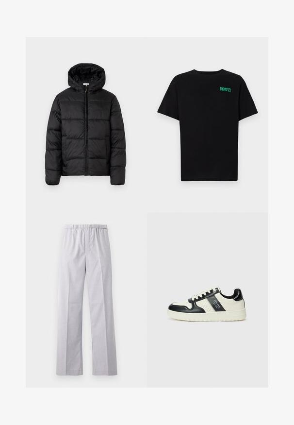 Črna pufasta bunda s kapuco, ki ima vodoravne prešite plošče, sprednje zapiranje na zadrgo in gladko, sijočo teksturo.; Črna majica iz bombaža z kratkimi rokavi. Na sprednji strani ima zeleno logotip "ROOTS", okroglo ovratnico in standardno prileganje.; Svetlo sivi široki hlače s elastičnim pasom, izdelane iz gladkega tkane tkanine. Imajo skrbno pritisnjene pregibe spredaj.; Usnjeni športni čevlji z črno in krem barvno shemo, ki vključujejo perforirane dodatke, podložen ovratnik in strukturirano podplat.