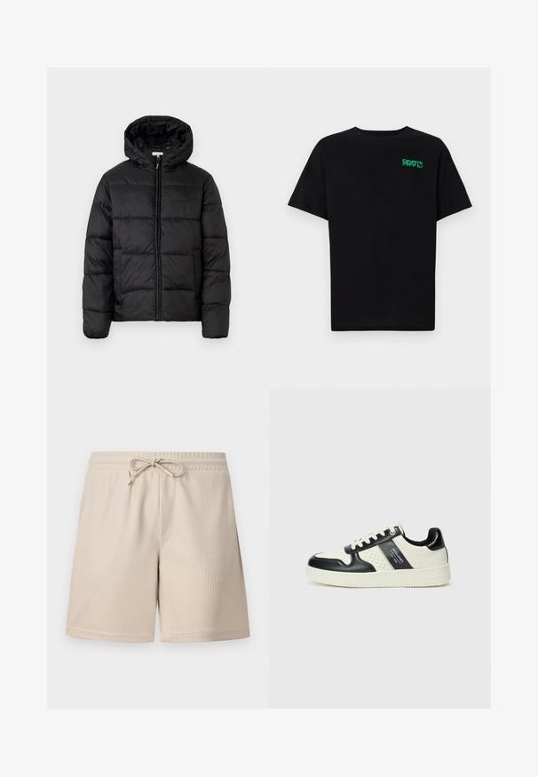 Crna puffer jakna s kapuljačom, koja ima horizontalne kvadratne panele, zatvaranje na zip sprijeda i glatku, sjajnu teksturu.; Crna majica kratkih rukava od pamuka. Na prednjem dijelu se nalazi zeleni "ROOTS" logo, okrugli izrez i standardni kroj.; Bež kratke hlače s rebrastom teksturom, elastičnim strukom s vezicom i bočnim džepovima, koje prikazuju jednostavan i funkcionalan dizajn.; Kožne tenisice s crno-bijelom paletom boja, koje imaju perforirane akcentne detalje, podstavljeni ovratnik i teksturiranu potplat.