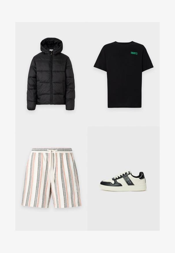 Zwarte pufferjack met een capuchon, met horizontale gestikte panelen, ritssluiting aan de voorkant en een gladde, glanzende textuur.; Zwarte T-shirt van katoen met korte mouwen. Heeft een groen "ROOTS" logo op de voorkant, een ronde halslijn en een standaard pasvorm.; Gestreepte short van lichtgewicht stof, met verticale strepen in wit, roze, grijs en zwart, voorzien van een elastische tailleband en trekkoord.; Leren sneakers met een zwart en crèmekleurig kleurenschema, voorzien van geperforeerde accenten, een gevoerde kraag en een gestructureerde buitenzool.