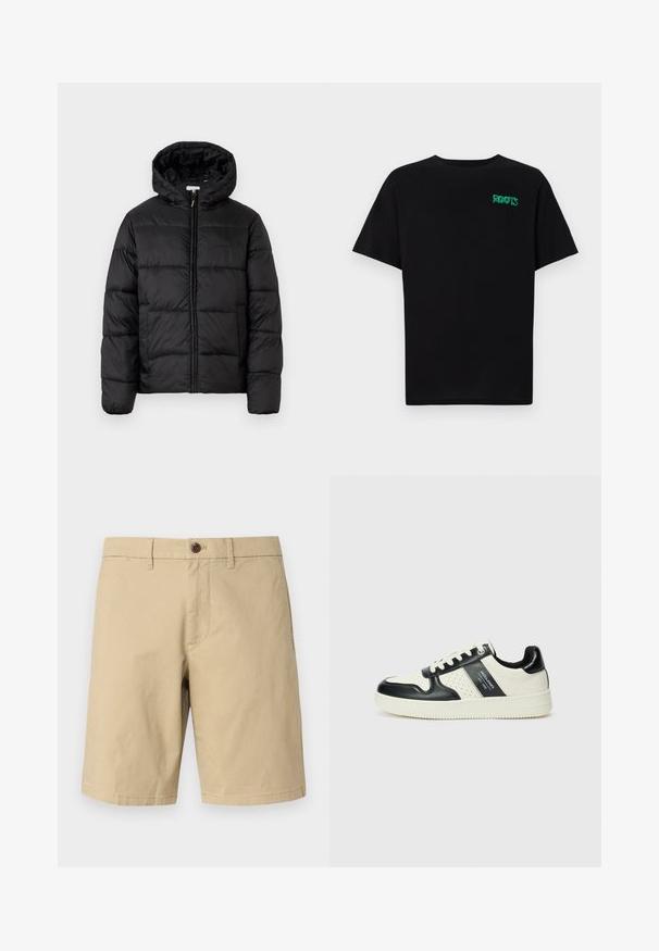 Czarna kurtka puchowa z kapturem, z poziomymi pikowanymi panelami, zapinana na zamek błyskawiczny z przodu i o gładkiej, błyszczącej fakturze.; Czarna koszulka z bawełny z krótkim rękawem. Posiada zielone logo "ROOTS" z przodu, okrągły dekolt i standardowy krój.; GAP - Szorty; Skórzane sneakersy w czarno-kremowym schemacie kolorystycznym, z perforowanymi akcentami, wyściełanym kołnierzem i teksturowaną podeszwą.