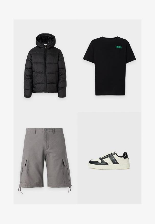 Schwarze Steppjacke mit Kapuze, ausgestattet mit horizontalen Stepppanelen, Reißverschluss vorne und einer glatten, glänzenden Textur.; Schwarzes T-Shirt aus Baumwolle mit kurzen Ärmeln. Auf der Vorderseite befindet sich ein grünes "ROOTS"-Logo, es hat einen runden Halsauschnitt und eine normale Passform.; Graue Cargo-Shorts aus einem Baumwollmischgewebe. Mit Seitentaschen, verstellbaren Kordeln am Saum und einem Knopfverschluss.; Leder-Sneaker in Schwarz- und Cremetönen, mit perforierten Akzenten, einem gepolsterten Kragen und einer strukturierten Laufsohle.