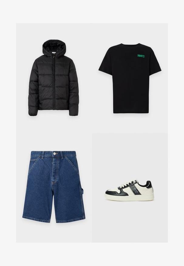 Mustapukuinen puhvijakku, jossa on huppu, vaakasuorat tikatut paneelit, vetoketjukiinnitys ja sileä, kiiltävä pinta.; Mustat t-paidat, jotka on valmistettu puuvillasta ja joissa on lyhyet hihat. Edessä vihreä "ROOTS"-logo, pyöreä kaula-aukko ja normaali istuvuus.; Tummansiniset farkkushortsit, joissa on klassinen viiden taskun muotoilu, metallinappikiinnitys ja näkyvä ompelu saumoissa.; Nahkakengät musta-kerma värimaailmassa, joissa on rei'itetyt yksityiskohdat, pehmustettu nilkkaosa ja teksturoitu pohja.