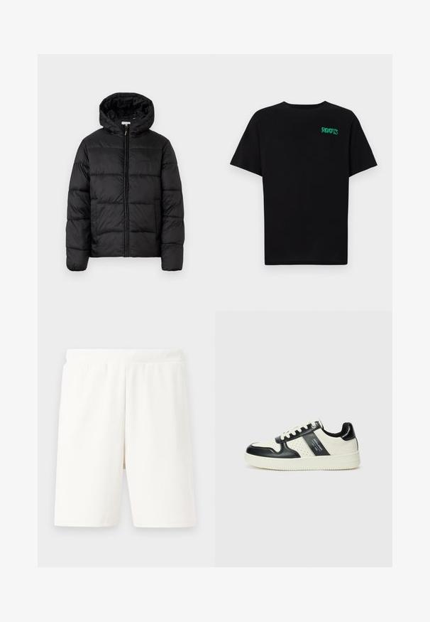 Juodas pūkinis švarkas su kapišonu, su horizontaliai siuvinėtais audinio ruožais, priekyje užsegamas užtrauktuku ir turintis lygią, blizgią tekstūrą.; Juodas medvilninis marškinėliai trumpomis rankovėmis. Priekyje yra žalias „ROOTS“ logotipas, apvalus iškirpimas ir standartinė prigludimo forma.; Baltos juostos šortai su elastinga juostos dalimi, turintys tiesų kirpimą ir švelnią tekstūrą, tinkami kasdieniam dėvėjimui.; Odiniai sportbačiai juodos ir kreminės spalvų schemoje, su perforuotais akcentais, paminkštinta apykakle ir tekstūruotu padu.