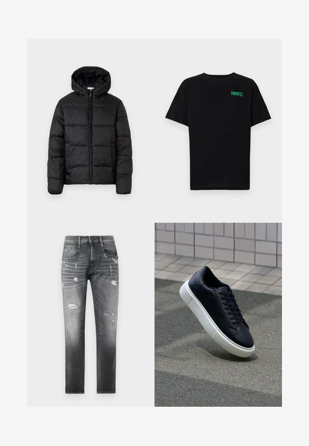 Black puffer jacket with a hood, featuring horizontal quilted panels, zip front closure, and a smooth, shiny texture.; Black t-shirt made of cotton with short sleeves. Features a green "ROOTS" logo on the front, round neckline, and standard fit.; Faded black denim jeans with distressed patches. Features five pockets, a button fly, and a straight-leg design.; Black leather sneaker with rounded toe and white rubber sole. Features flat laces and minimal stitching on the upper. Textured sole for grip.