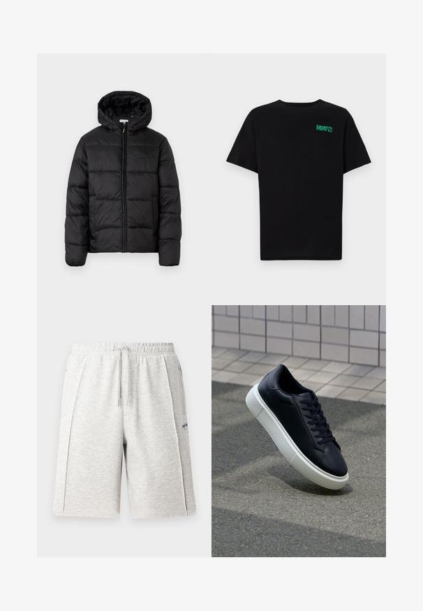 Casaco puffer preto com capuz, apresentando painéis acolchoados horizontais, fecho com zíper na frente e uma textura suave e brilhante.; T-shirt preta feita de algodão com mangas curtas. Apresenta um logótipo verde "ROOTS" na frente, gola redonda e corte standard.; Calções cinza claro de comprimento médio, feitos de material suave, com uma cintura elástica e cordão, além de bolsos laterais. Detalhe do logo discreto.; Sapatilha de couro preto com bico arredondado e sola de borracha branca. Apresenta atacadores planos e costuras mínimas na parte superior. Sola texturizada para melhor aderência.