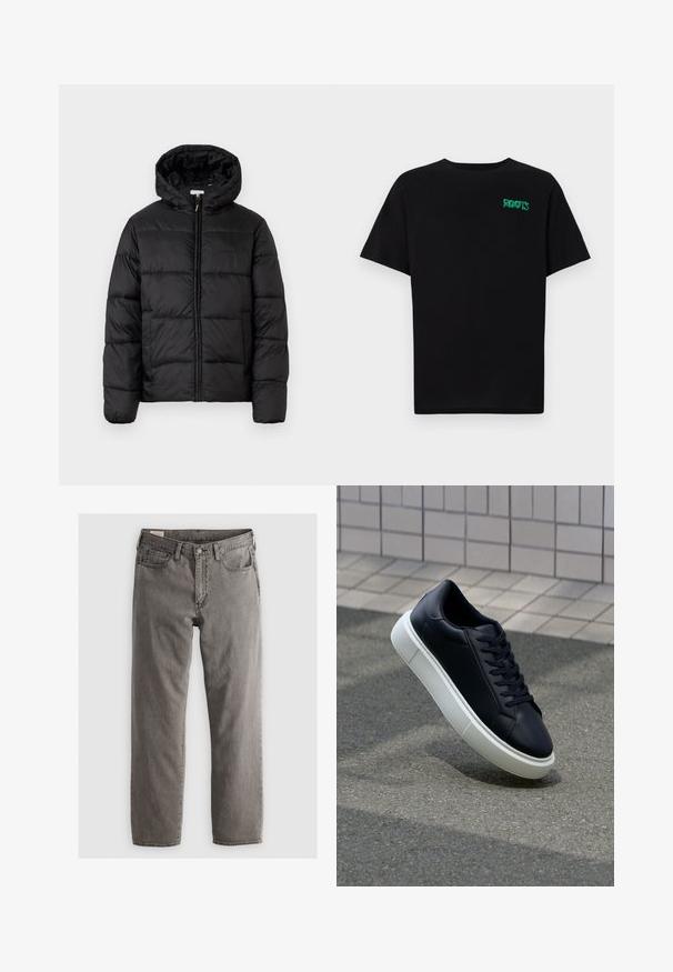 Czarna kurtka puchowa z kapturem, z poziomymi pikowanymi panelami, zapinana na zamek błyskawiczny z przodu i o gładkiej, błyszczącej fakturze.; Czarna koszulka z bawełny z krótkim rękawem. Posiada zielone logo "ROOTS" z przodu, okrągły dekolt i standardowy krój.; Szare dżinsy o prostym kroju, pięciokieszeniowe, z zapięciem na guziki; bez widocznych wzorów ani akcentów; lekko wyblakłe wykończenie.; Czarne skórzane sneakersy z okrągłym noskiem i białą gumową podeszwą. Posiadają płaskie sznurowadła i minimalne przeszycia na cholewce. Teksturowana podeszwa zapewnia przyczepność.