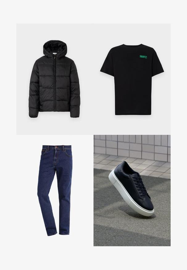 Giacca a vento nera con cappuccio, caratterizzata da pannelli trapuntati orizzontali, chiusura frontale con zip e una texture liscia e lucida.; T-shirt nera in cotone con maniche corte. Presenta un logo verde "ROOTS" sulla parte frontale, colletto rotondo e vestibilità standard.; Jeans in denim blu scuro a gamba dritta con tasche anteriori, chiusura con bottone, passanti per cintura e cuciture visibili.; Sneaker in pelle nera con punta arrotondata e suola in gomma bianca. Presenta lacci piatti e cuciture minime sulla parte superiore. Suola testurizzata per una migliore aderenza.