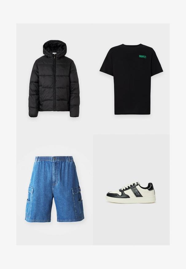 Zwarte pufferjack met een capuchon, met horizontale gestikte panelen, ritssluiting aan de voorkant en een gladde, glanzende textuur.; Zwarte T-shirt van katoen met korte mouwen. Heeft een groen "ROOTS" logo op de voorkant, een ronde halslijn en een standaard pasvorm.; Denim cargoshorts in medium blauw met een elastische tailleband, meerdere zijzakken en een rechte snit. Gestructureerde stof met zichtbare stiksels.; Leren sneakers met een zwart en crèmekleurig kleurenschema, voorzien van geperforeerde accenten, een gevoerde kraag en een gestructureerde buitenzool.