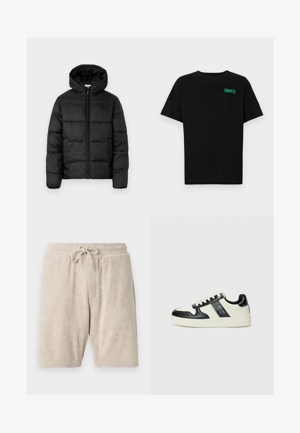 Fekete puffermellény kapucnival, vízszintes steppelésekkel, cipzáros elülső záródással és sima, fényes felülettel.; Fekete, pamutból készült póló rövid ujjakkal. Elöl zöld "ROOTS" logóval, kerek nyakkivágással és normál szabással.; Beige frottír anyagú rövidnadrág, rugalmas derékpánttal és állítható zsinórral. Egy elülső zsebbel és térd hosszúságú kialakítással rendelkezik.; Fekete és krém színű bőrsneaker, perforált díszítésekkel, párnázott bokapánttal és texturált talppal.