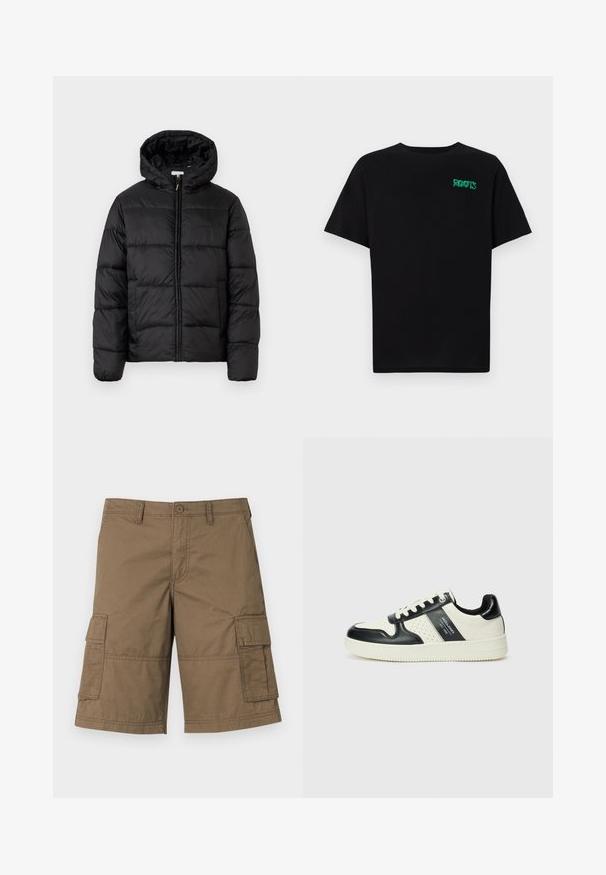 Čierna prešívaná bunda s kapucňou, s horizontálnymi prešívanými panelmi, so zipsom vpredu a hladkou, lesklou textúrou.; Čierne tričko s krátkymi rukávmi vyrobené z bavlny. Na prednej strane má zelené logo "ROOTS", okrúhly výstrih a štandardný strih.; hnedé bavlnené cargo šortky s viacerými bočnými vreckami, gombíkovým zapínaním a prešívanými detailmi. Klasický strih po kolená.; Kožené tenisky v čierno-krémovej farbe, s perforovanými akcentmi, polstrovaným golierom a štruktúrovanou podrážkou.