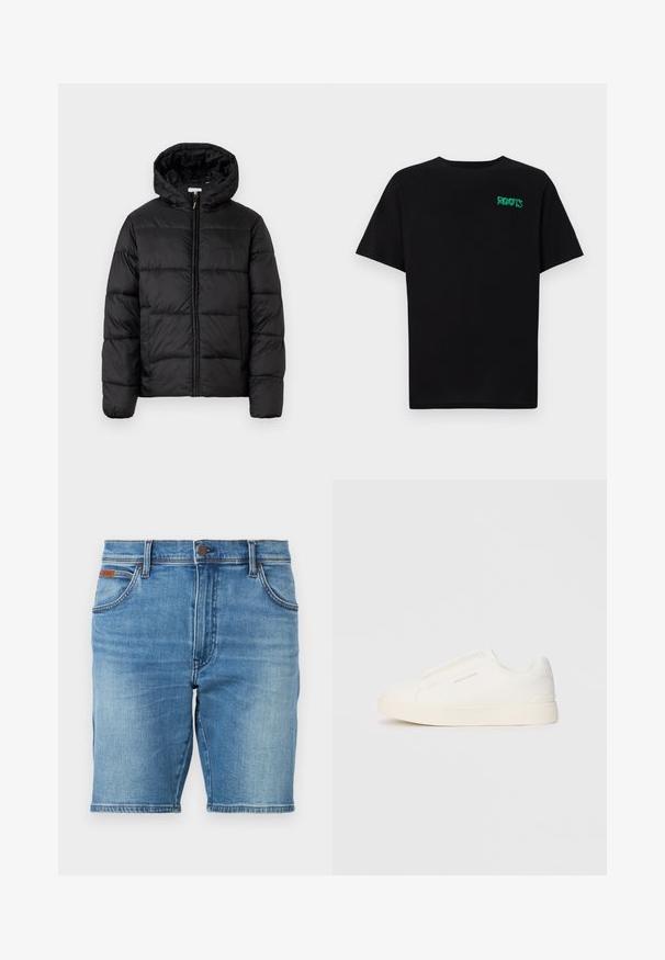 Μαύρο μπουφάν με κουκούλα, με οριζόντια καπιτονέ πάνελ, κλείσιμο με φερμουάρ μπροστά και λεία, γυαλιστερή υφή.; Μαύρη μπλούζα φτιαγμένη από βαμβάκι με κοντά μανίκια. Διαθέτει το πράσινο λογότυπο "ROOTS" μπροστά, στρογγυλή λαιμόκοψη και κανονική εφαρμογή.; Τζιν σορτς σε ανοιχτό μπλε, με ίσια γραμμή, πέντε τσέπες και κλείσιμο με κουμπί. Ελαφριά φθορά στο ύφασμα προσθέτει υφή.; Λευκά slip-on παπούτσια με υφή, παχύ πάτο και μινιμαλιστικό σχέδιο. Φέρει το λογότυπο της μάρκας στο πλάι.