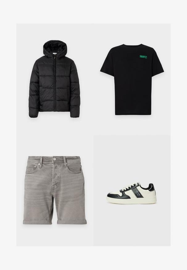 Chaqueta de plumas negra con capucha, que presenta paneles acolchados horizontales, cierre frontal con cremallera y una textura suave y brillante.; Camiseta negra de algodón con mangas cortas. Presenta un logo verde "ROOTS" en el frente, escote redondo y corte estándar.; Pantalones cortos de denim gris con un diseño clásico de cinco bolsillos, dobladillo enrollado y cierre de botón metálico. Textura suave con un desvanecimiento sutil.; Zapatillas de cuero con un esquema de colores negro y crema, que cuentan con acentos perforados, un collar acolchado y una suela texturizada.