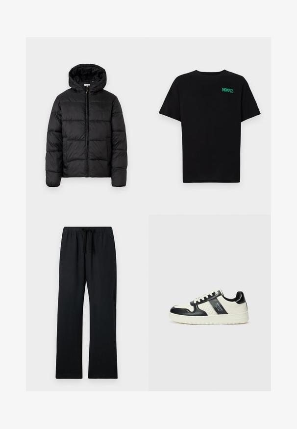 Schwarze Steppjacke mit Kapuze, ausgestattet mit horizontalen Stepppanelen, Reißverschluss vorne und einer glatten, glänzenden Textur.; Schwarzes T-Shirt aus Baumwolle mit kurzen Ärmeln. Auf der Vorderseite befindet sich ein grünes "ROOTS"-Logo, es hat einen runden Halsauschnitt und eine normale Passform.; Schwarze, locker sitzende Hosen mit einem elastischen Bund und verstellbarem Kordelzug. Glattes Material, gerades Bein-Design und ohne Muster.; Leder-Sneaker in Schwarz- und Cremetönen, mit perforierten Akzenten, einem gepolsterten Kragen und einer strukturierten Laufsohle.