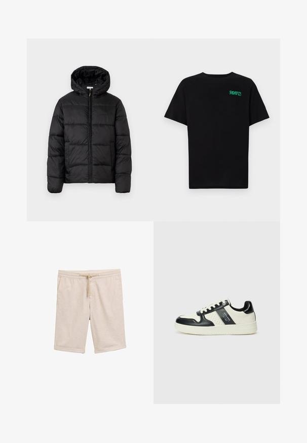 Schwarze Steppjacke mit Kapuze, ausgestattet mit horizontalen Stepppanelen, Reißverschluss vorne und einer glatten, glänzenden Textur.; Schwarzes T-Shirt aus Baumwolle mit kurzen Ärmeln. Auf der Vorderseite befindet sich ein grünes "ROOTS"-Logo, es hat einen runden Halsauschnitt und eine normale Passform.; Beige Baumwollmischung-Shorts mit elastischem Taillenbund, Kordelzug und umgeschlagenen Säumen. Glatte Textur, keine Muster oder Beschläge.; Leder-Sneaker in Schwarz- und Cremetönen, mit perforierten Akzenten, einem gepolsterten Kragen und einer strukturierten Laufsohle.