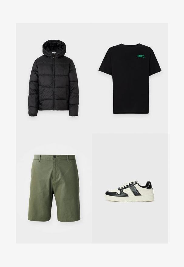 Fekete puffermellény kapucnival, vízszintes steppelésekkel, cipzáros elülső záródással és sima, fényes felülettel.; Fekete, pamutból készült póló rövid ujjakkal. Elöl zöld "ROOTS" logóval, kerek nyakkivágással és normál szabással.; Olive zöld rövidnadrág, könnyű anyagból készült, lapos elejű, övlyukkal és egyetlen gombos záródással a deréknál.; Fekete és krém színű bőrsneaker, perforált díszítésekkel, párnázott bokapánttal és texturált talppal.