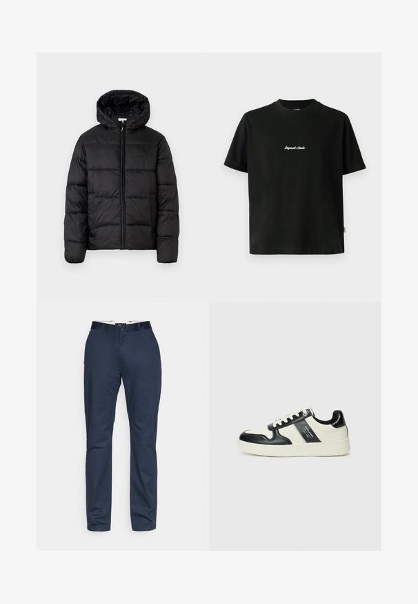Svart puffjakke med hette, med horisontale quiltpaneler, glidelås foran og en glatt, shiny tekstur.; Svart bomull T-skjorte med korte ermer, med hvit brodert "Original Studio" tekst over brystet og rund halsåpning.; Marineblå chinos laget av lett bomull med rett ben-design, med knappelukking og frontlommer. Glatt tekstur.; Lædersneakers med sort og creme farveskema, der har perforerede detaljer, en polstret krave og en struktureret ydersål.