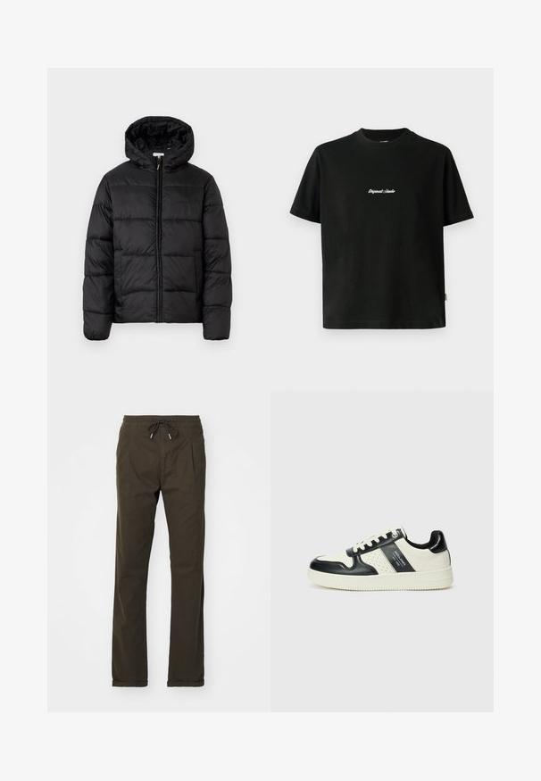 Fekete puffermellény kapucnival, vízszintes steppelésekkel, cipzáros elülső záródással és sima, fényes felülettel.; Fekete pamut póló rövid ujjakkal, fehér hímzett "Original Studio" felirattal a mellen és kerek nyakú kivágással.; Barna, zsinóros nadrág, puha anyagból, oldalzsebekkel és laza szabással, az alján felgöngyölt szegéllyel.; Fekete és krém színű bőrsneaker, perforált díszítésekkel, párnázott bokapánttal és texturált talppal.