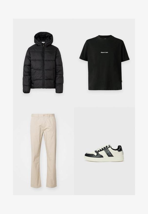 Črna pufasta bunda s kapuco, ki ima vodoravne prešite plošče, sprednje zapiranje na zadrgo in gladko, sijočo teksturo.; Črna bombažna majica s kratkimi rokavi, ki ima belo vezeno besedilo "Original Studio" na prsih in okrogel izrez.; Bež cottone chinos s ravno nogo, z gumbom za zapiranje in subtilnimi pregibi za teksturo. Gladek material in čiste linije.; Usnjeni športni čevlji z črno in krem barvno shemo, ki vključujejo perforirane dodatke, podložen ovratnik in strukturirano podplat.