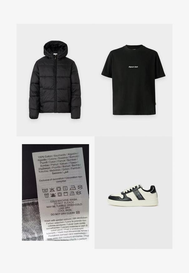 Black puffer jacket with a hood, featuring horizontal quilted panels, zip front closure, and a smooth, shiny texture.; Black cotton T-shirt with short sleeves, featuring a white embroidered "Original Studio" text across the chest and a rounded neckline.; White care label with black text listing care instructions in multiple languages. Features symbols for washing, drying, and ironing. 100% cotton.; Leather sneakers with a black and cream color scheme, featuring perforated accents, a padded collar, and a textured outsole.