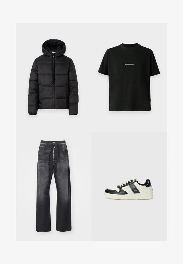 Casaco puffer preto com capuz, apresentando painéis acolchoados horizontais, fecho com zíper na frente e uma textura suave e brilhante.; T-shirt de algodão preto com mangas curtas, apresentando um texto bordado em branco "Original Studio" no peito e um decote redondo.; Jeans de perna larga em lavagens escuras, feitos de denim, com fecho de botão, design de cinco bolsos e desbotamento subtil em toda a peça.; Ténis de couro com um esquema de cores em preto e creme, apresentando detalhes perfurados, um colarinho acolchoado e uma sola texturizada.