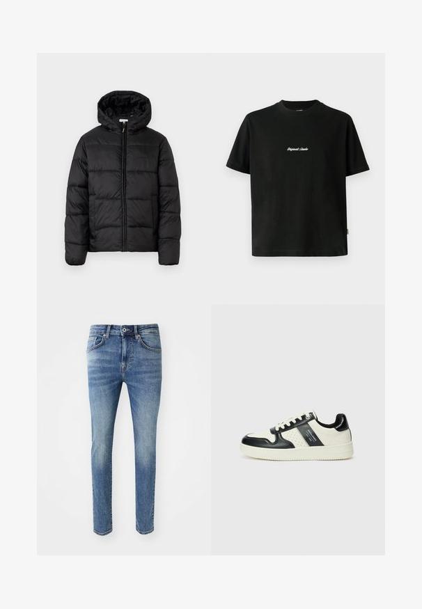 Svart dunjacka med huva, med horisontella quiltade paneler, dragkedja fram och en slät, glänsande yta.; Svart bomullströja med korta ärmar, som har en vit broderad text "Original Studio" tvärs över bröstet och en rundad halsringning.; Färgade ljusblå denimjeans med slim fit, fem fickor, dragkedja och metallknapp i midjan.; Läder sneakers med en svart och krämfärgad färgsättning, med perforerade detaljer, en vadderad krage och en strukturerad yttersula.