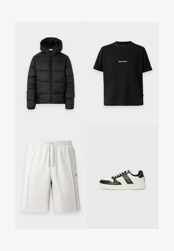Fekete puffermellény kapucnival, vízszintes steppelésekkel, cipzáros elülső záródással és sima, fényes felülettel.; Fekete pamut póló rövid ujjakkal, fehér hímzett "Original Studio" felirattal a mellen és kerek nyakú kivágással.; Világosszürke, közép hosszúságú rövidnadrág, puha anyagból készült, rugalmas derékkal és zsinórral, valamint oldalsó zsebekkel. Diszkrét logó részlet.; Fekete és krém színű bőrsneaker, perforált díszítésekkel, párnázott bokapánttal és texturált talppal.