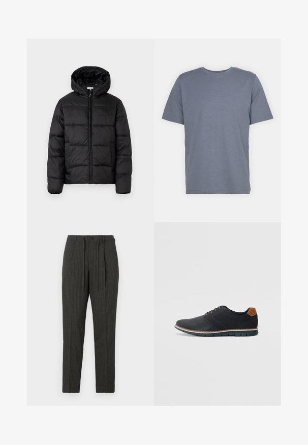 Musternaturmustar coat mustelhoovaga, hrisontaalsete tikandi paneelidega, tõmbluku ees sulgemisega ja sujuva, läikiva tekstuuriga.; Hall hallitusest lühikeste varrukatega T-särk ümmarguse kaelusega, valmistatud pehmest puuvillasegusest kangast. Lihtne disain, ilma mustrite või aktsentideta.; Tumehallid triibulised püksid kitseneva lõikega, nupukinnitus ja paelaga vöökoht, valmistatud tekstuuriga kangast.; Mustavad sünteetilised jalatsid tekstureeritud pealsega, siledad aktsendid, pruun kand ja kontrastne tall. Omab minimaalset lukkude ja õmbluste dekoratsiooni.