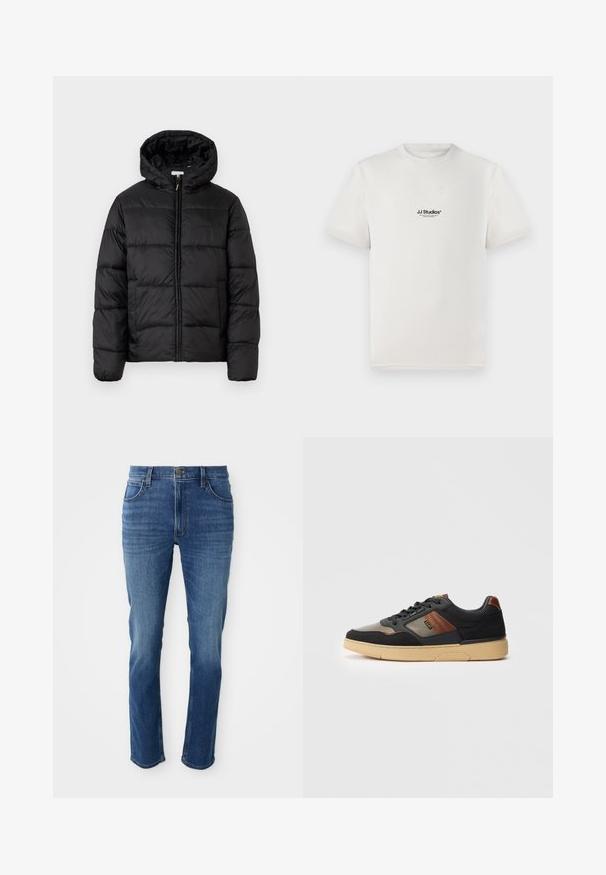 Czarna kurtka puchowa z kapturem, z poziomymi pikowanymi panelami, zapinana na zamek błyskawiczny z przodu i o gładkiej, błyszczącej fakturze.; Biała bawełniana koszulka z krótkimi rękawami, z czarnym logo "JJ Studios" na klatce piersiowej. Okrągły dekolt i standardowy krój.; Niebieskie jeansy denimowe o prostym kroju, pięć kieszeni i zamek błyskawiczny. Charakteryzują się subtelnym wyblaknięciem i kontrastowym przeszyciem wzdłuż szwów.; Czarne i brązowe trampki niskie z beżową podeszwą, sznurówkami i bocznym brandingiem na jednolitym białym tle.