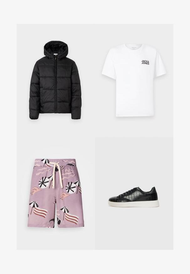 Juodas pūkinis švarkas su kapišonu, su horizontaliai siuvinėtais audinio ruožais, priekyje užsegamas užtrauktuku ir turintis lygią, blizgią tekstūrą.; Balta medvilnės marškinėliai su trumpomis rankovėmis ir apvalia kaklo iškirpte. Kairėje krūtinės pusėje yra juodas tekstas "JACK & JONES". Paprastas, vientisas dizainas.; Šviesiai purpurinės maudymosi šortai, su grafikiniu paplūdimio skėčių, banguotų linijų ir stilizuotų rankų modeli, kontrastingomis spalvomis.; Juodi sportiniai batai su tekstūruotu krokodilo odos pamušalu, apvalia kojų dalimi ir kontrastinga balta guma su lygiu paviršiumi.