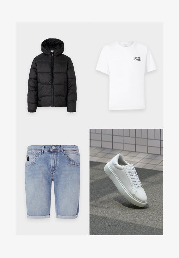 Črna pufasta bunda s kapuco, ki ima vodoravne prešite plošče, sprednje zapiranje na zadrgo in gladko, sijočo teksturo.; Bela bombažna majica, kratki rokavi, okrogla izreza. Na levi strani prsnega dela se nahaja črn logotip "JACK & JONES". Preprost, enostaven dizajn.; Svetlo modri jeans kratke hlače s ravnim krojem, zavihanimi robovi in rahlo zbledelo barvo. Vključujejo sprednje žepe in majhno tkaninsko oznako.; Bela usnjena teniska obutev z gladko površino, okroglo konico in ravnimi belimi vezalkami. Ima teksturiran gumijast podplat in minimalne oblikovalske elemente.