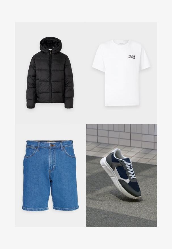 Mustapukuinen puhvijakku, jossa on huppu, vaakasuorat tikatut paneelit, vetoketjukiinnitys ja sileä, kiiltävä pinta.; Valkoinen puuvillapaita, lyhyet hihat, pyöreä kaula-aukko. Vasemmassa rintakehässä musta tekstilogo "JACK & JONES". Yksinkertainen, neutraali muotoilu.; Siniset farkkushortsit, joissa on klassinen muotoilu, viisi taskua, nappisulku ja suora leikkaus, jossa on viimeistellyt reunat.; Kengät, joissa on tummansininen verkkopäällinen, harmaat mokka-yksityiskohdat, valkoinen kumipohja ja litteät valkoiset nauhat, suunniteltu mukavuutta ja hengittävyyttä varten.