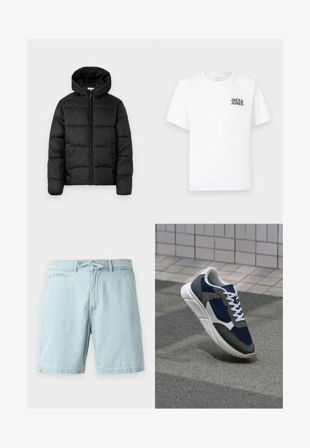 Juodas pūkinis švarkas su kapišonu, su horizontaliai siuvinėtais audinio ruožais, priekyje užsegamas užtrauktuku ir turintis lygią, blizgią tekstūrą.; Balta medvilnės marškinėliai su trumpomis rankovėmis ir apvalia kaklo iškirpte. Kairėje krūtinės pusėje yra juodas tekstas "JACK & JONES". Paprastas, vientisas dizainas.; Svetlai mėlyni džinsiniai šortai su elastinga juosta ir raišteliu, turintys šonines kišenes ir laisvą siluetą. Lygi tekstūra, kasdienis dizainas.; Sportiniai bateliai su tamsiai mėlynu tinkliniu viršumi, pilkais zomšiniais akcentais, balta guma padanga ir plokščiomis baltomis raištelėmis, sukurti komfortui ir oro pralaidumui.