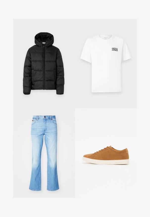 Giacca a vento nera con cappuccio, caratterizzata da pannelli trapuntati orizzontali, chiusura frontale con zip e una texture liscia e lucida.; T-shirt bianca in cotone, maniche corte, collo rotondo. Presenta un logo in testo nero "JACK & JONES" nell'area sinistra del petto. Design semplice e minimale.; Jeans svasati di un azzurro chiaro in denim, con una finitura sbiadita, design a cinque tasche e chiusura con bottoni.; Sneaker in suede marrone con design low-top, suola in gomma bianca e punta rotonda. Presenta lacci abbinati e una grafica minimal sul tallone.