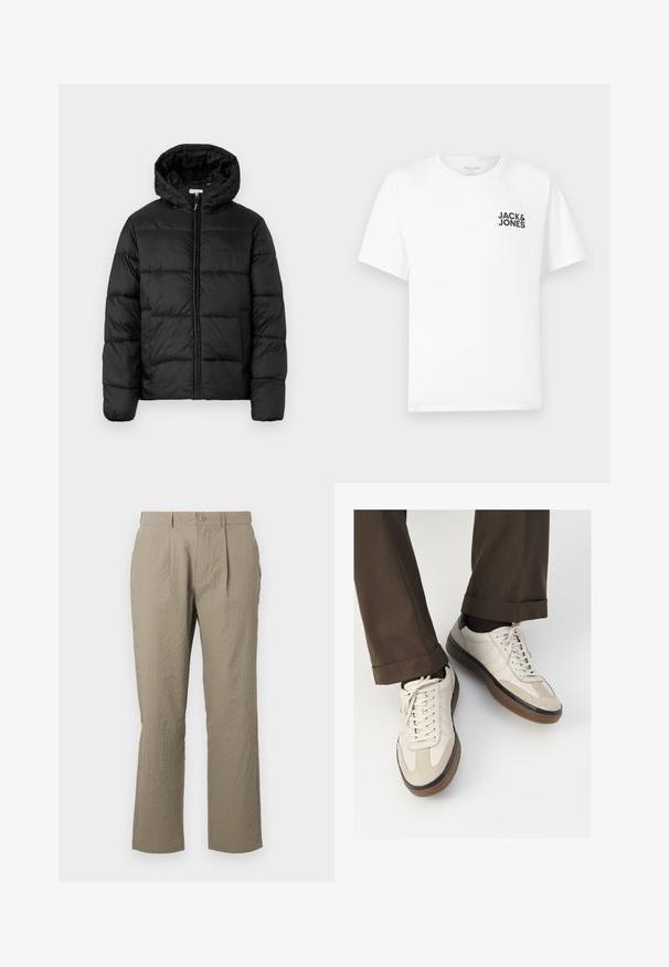 Casaco puffer preto com capuz, apresentando painéis acolchoados horizontais, fecho com zíper na frente e uma textura suave e brilhante.; T-shirt de algodão branco, mangas curtas, com decote redondo. Apresenta o logotipo em texto preto "JACK & JONES" na área do peito esquerdo. Design simples e liso.; Calças bege com uma superfície texturizada, apresentando um corte reto, pregas frontais e um fecho de botão único na cintura.; Tênis bege com frente em camurça texturizada, lados em couro liso e sola em borracha marrom. Inclui cadarços e detalhes de costura clara.