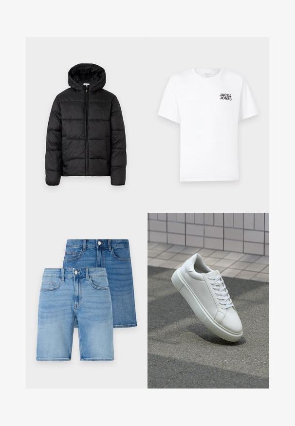 Chaqueta de plumas negra con capucha, que presenta paneles acolchados horizontales, cierre frontal con cremallera y una textura suave y brillante.; Camiseta de algodón blanca, de manga corta, cuello redondo. Presenta el logo de texto en negro "JACK & JONES" en el área del pecho izquierdo. Diseño simple y liso.; Conjunto de pantalones cortos y falda de mezclilla, con lavados en azul claro y medio, diseño clásico de cinco bolsillos y acentos de botón de metal.; Zapatilla de cuero blanca con una superficie lisa, punta redonda y cordones blancos planos. Presenta una suela de goma texturizada y elementos de diseño mínimos.
