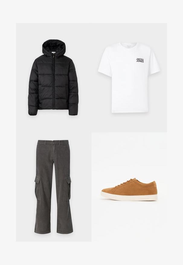 Casaco puffer preto com capuz, apresentando painéis acolchoados horizontais, fecho com zíper na frente e uma textura suave e brilhante.; T-shirt de algodão branco, mangas curtas, com decote redondo. Apresenta o logotipo em texto preto "JACK & JONES" na área do peito esquerdo. Design simples e liso.; Calças cargo em veludo cinza com um design de perna reta, bolsos laterais e uma textura ondulada subtil. Fecho com botão e zíper na cintura.; Sneakers de camurça castanha com um design de cano baixo, sola de borracha branca e bico redondo. Apresentam cordões combinando e uma marcação mínima no calcanhar.