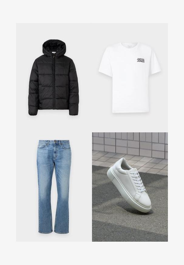 Črna pufasta bunda s kapuco, ki ima vodoravne prešite plošče, sprednje zapiranje na zadrgo in gladko, sijočo teksturo.; Bela bombažna majica, kratki rokavi, okrogla izreza. Na levi strani prsnega dela se nahaja črn logotip "JACK & JONES". Preprost, enostaven dizajn.; Svetlo modri jeans z ravnim krojem, z gumbom na sprednji strani, petimi žepi in zbledelimi predeli za teksturo.; Bela usnjena teniska obutev z gladko površino, okroglo konico in ravnimi belimi vezalkami. Ima teksturiran gumijast podplat in minimalne oblikovalske elemente.