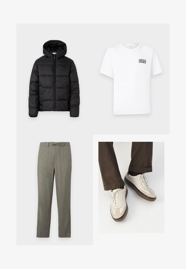 Sort pufferjakke med hætte, med vandrette quiltede paneler, lynlåslukning foran og en glat, skinnende tekstur.; Hvid bomulds t-shirt, korte ærmer, rund hals. Har et sort tekstlogo "JACK & JONES" på venstre brystområde. Enkelt, ensartet design.; Herre lys grå, linnedblandede bukser med snor i taljen, lige ben og diskret struktur; har standardlommer og ingen særlige mønstre.; Beige sneakers med en struktureret ruskind front, glatte lædersider og en brun gummisål. Snørebånd og let stikning er inkluderet.