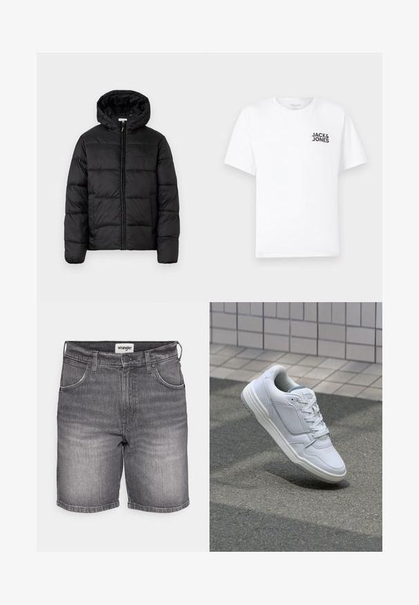 Czarna kurtka puchowa z kapturem, z poziomymi pikowanymi panelami, zapinana na zamek błyskawiczny z przodu i o gładkiej, błyszczącej fakturze.; Biała bawełniana koszulka, krótki rękaw, okrągły dekolt. Posiada czarny tekst logo "JACK & JONES" po lewej stronie klatki piersiowej. Prosty, gładki design.; Szare dżinsowe szorty o klasycznym kroju, z delikatnym przetarciem, pięcioma kieszeniami oraz metką z logo Wrangler na pasku.; Białe skórzane trampki z perforowanymi bokami, teksturowanymi akcentami, płaskimi sznurowadłami i kontrastującym szarym obcasem. Posiadają lekko podniesioną podeszwę.
