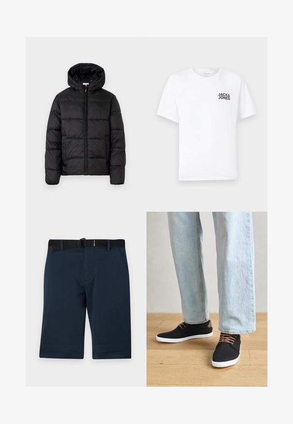 Sort pufferjakke med hætte, med vandrette quiltede paneler, lynlåslukning foran og en glat, skinnende tekstur.; Hvid bomulds t-shirt, korte ærmer, rund hals. Har et sort tekstlogo "JACK & JONES" på venstre brystområde. Enkelt, ensartet design.; Marineblå shorts lavet af struktureret stof, med et sort justerbart bælte, to sidelommer og en lige kant.; Sort canvas sneakers med brune detaljer, hvide gummisåler og brune snørebånd, parret med lyseblå lige ben jeans. Trægulv i baggrunden.