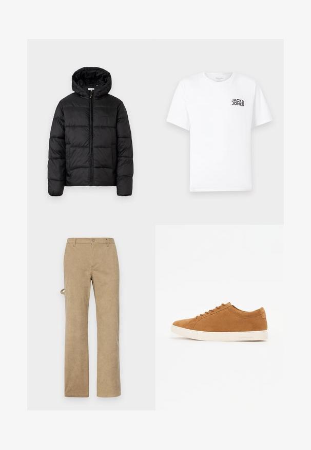 Black puffer jacket with a hood, featuring horizontal quilted panels, zip front closure, and a smooth, shiny texture.; White cotton t-shirt, short sleeves, crew neck. Features black text logo "JACK & JONES" on the left chest area. Simple, plain design.; Beige corduroy trousers with a straight cut, featuring a front button closure and belt loops. Textured fabric with vertical stripes.; Brown suede sneakers with a low-top design, white rubber sole, and round toe. Features matching laces and minimal branding on the heel.