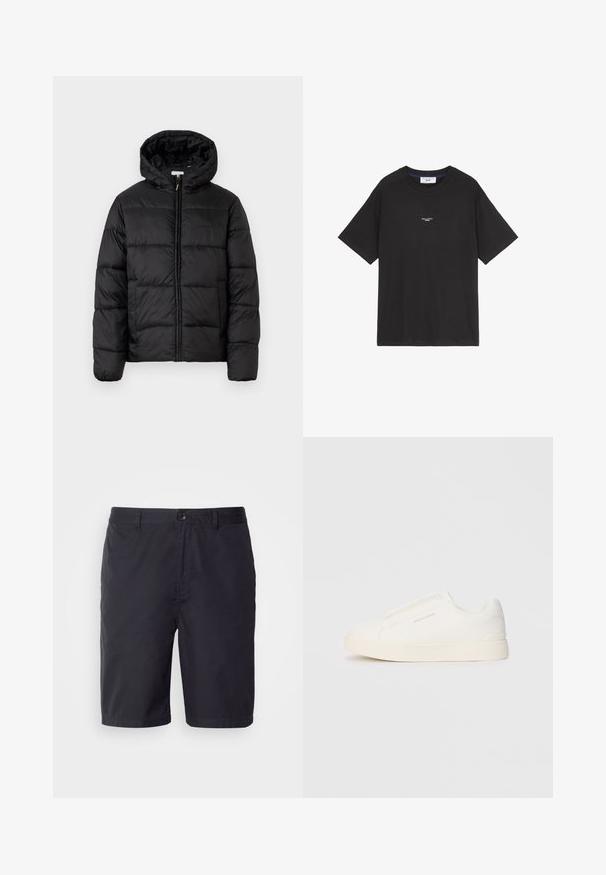 Chaqueta de plumas negra con capucha, que presenta paneles acolchados horizontales, cierre frontal con cremallera y una textura suave y brillante.; Camiseta de algodón negra con cuello redondo y mangas cortas. Presenta un pequeño logotipo blanco en la parte delantera. Diseño sencillo, corte relajado.; Pantalones cortos azul marino hechos de algodón ligero, con cierre de botón, trabillas para cinturón y un corte recto por encima de la rodilla.; Zapatillas blancas tipo slip-on con una superficie texturizada, suela gruesa y diseño minimalista. Presenta el logo de la marca en un lado.